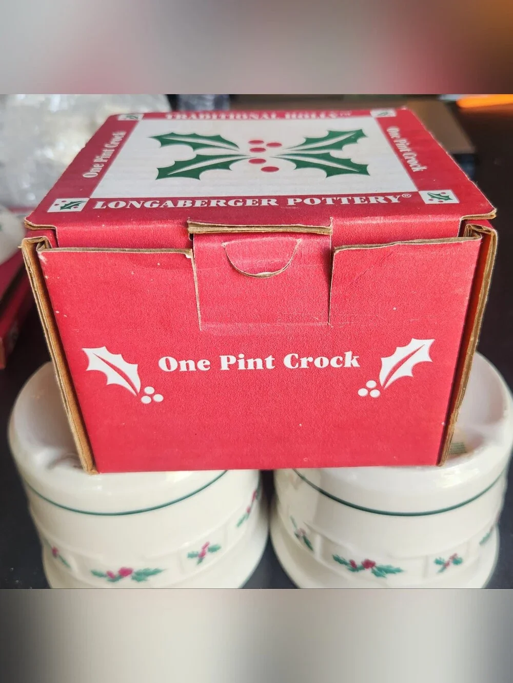 2 Longaberger Pottery One Pint Crock Woven Christmas Traditional Holly & Berries